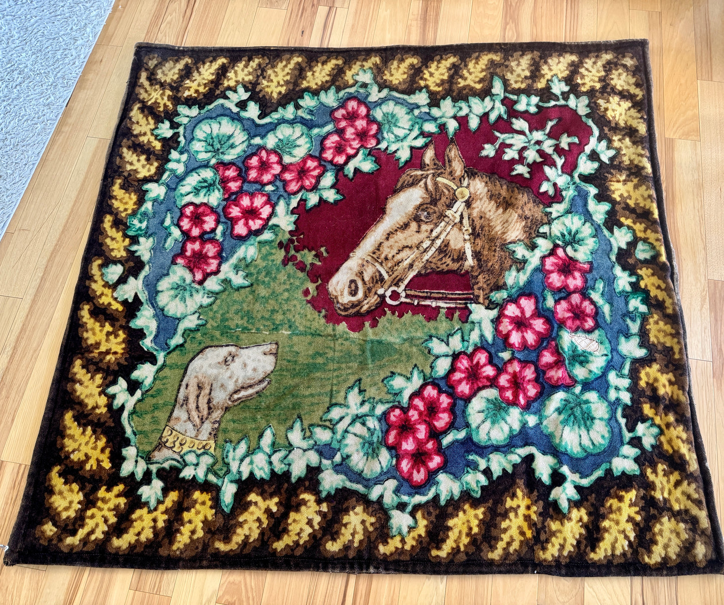 Victorian Horse Hair and Wool Buggy Sleigh Blanket with Horse and Dog