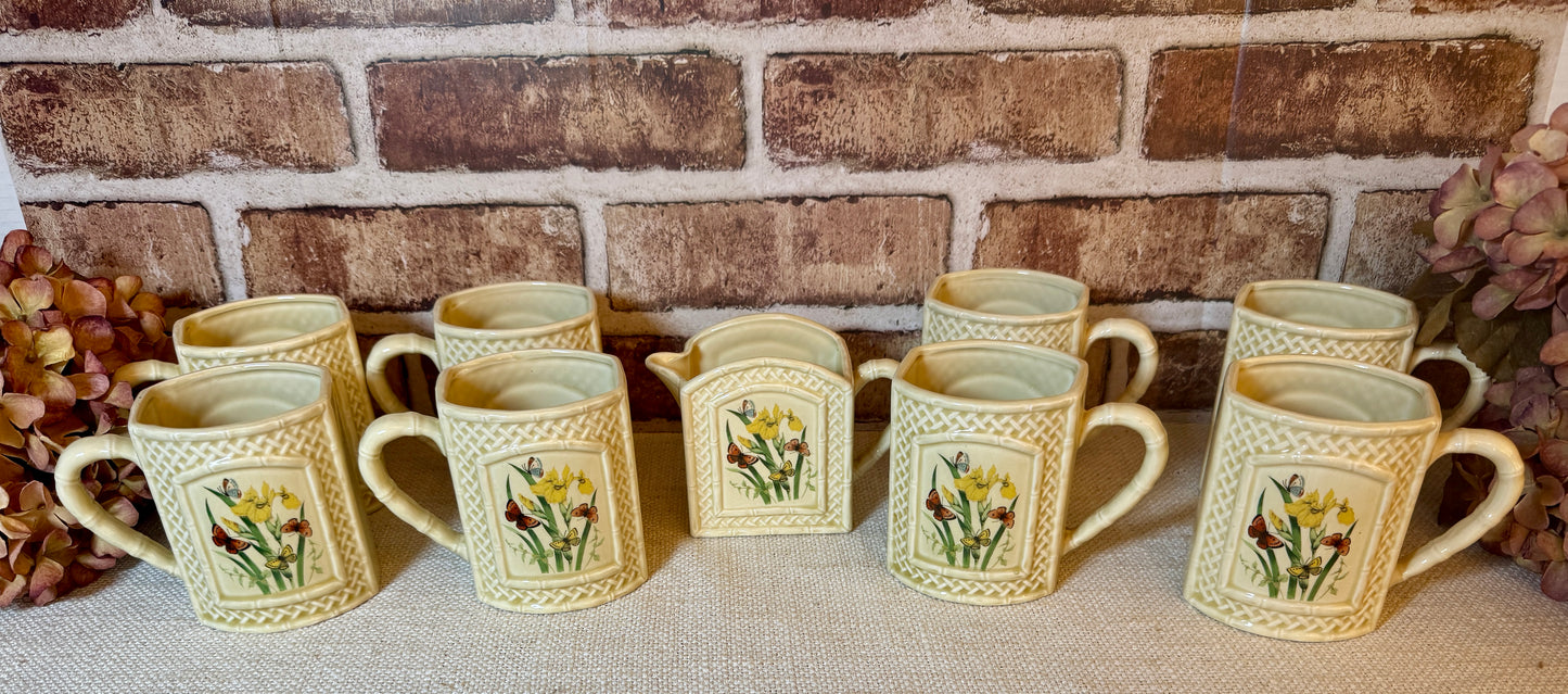 Butterfly Garden Trellis Coffee Mug, Vintage Set of 8 with Creamer