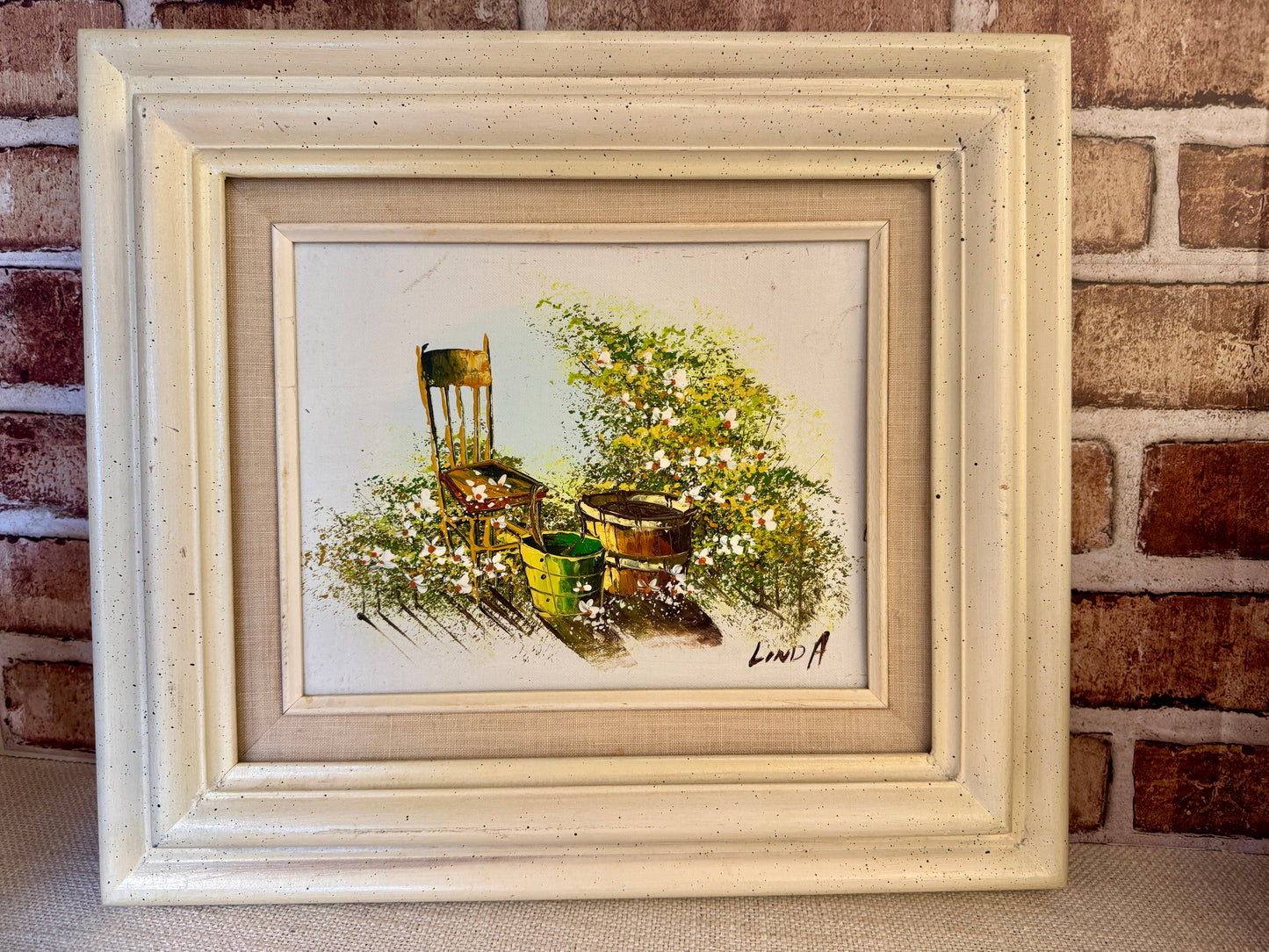 Vintage Framed Original Oil Painting , Garden
