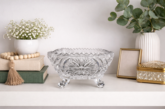 Vintage Footed Pressed Glass Bowl, Small Crystal-Style Decorative Dish