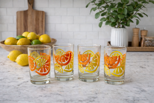 Glasses with Lemons and Oranges, Vintage, set of 4