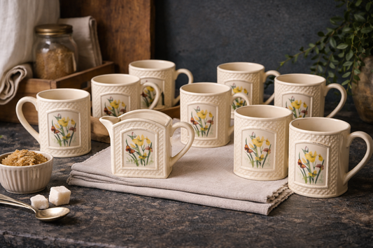 Butterfly Garden Trellis Coffee Mug, Vintage Set of 8 with Creamer