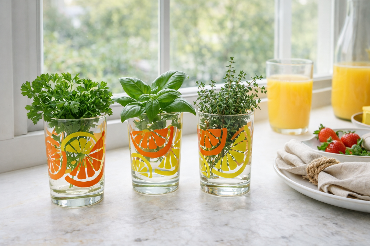 Glasses with Lemons and Oranges, Vintage, set of 4