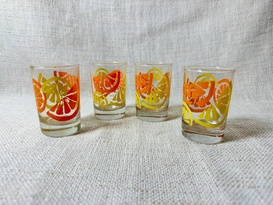 Glasses with Lemons and Oranges, Vintage, set of 4